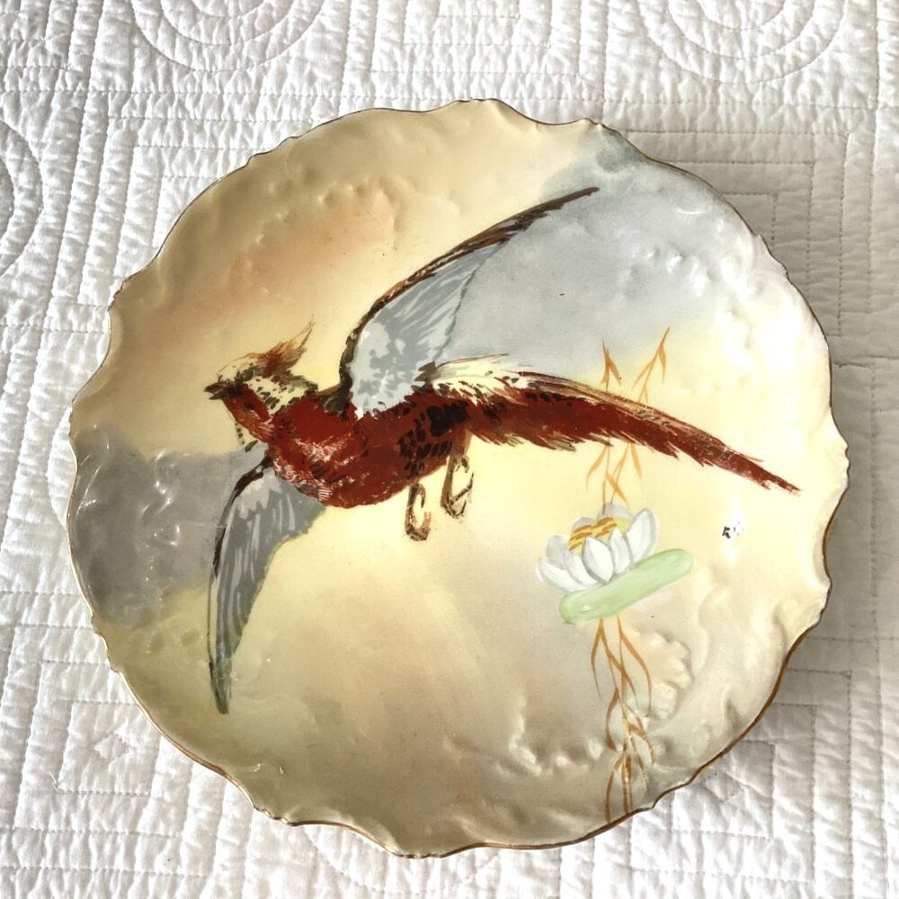Limoges Hand-Painted Decorative Porcelain Plate Flying Bird & Flower Scalloped E